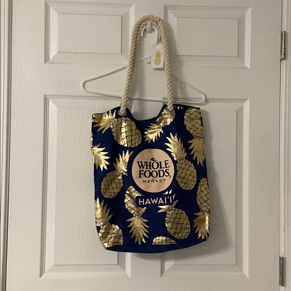WHOLE FOODS MARKET Slate Blue-Gold PINEAPPLE-HAWAII Canvas Tote Bag